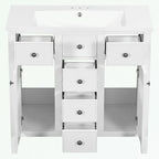 Meuble-lavabo avec vasque en céramique, deux placards et cinq tiroirs