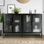 Bahut de cuisine 4 portes vitrées en verre trempé avec étagères et pieds réglables, anti-basculement, anti-poussière, en verre cannelé