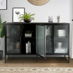 Bahut de cuisine 4 portes vitrées en verre trempé avec étagères et pieds réglables, anti-basculement, anti-poussière, en verre cannelé