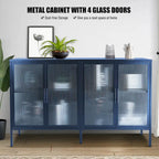 Bahut de cuisine 4 portes vitrées en verre trempé avec étagères et pieds réglables, anti-basculement, anti-poussière, en verre cannelé