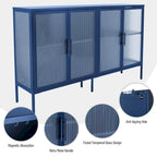 Bahut de cuisine 4 portes vitrées en verre trempé avec étagères et pieds réglables, anti-basculement, anti-poussière, en verre cannelé