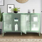 Bahut de cuisine 4 portes vitrées en verre trempé avec étagères et pieds réglables, anti-basculement, anti-poussière, en verre cannelé