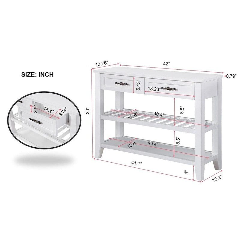 Table de canapé en bois 42 pouces avec 2 tiroirs de rangement et 2 étagères