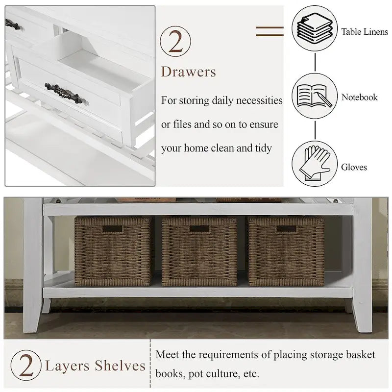 Table de canapé en bois 42 pouces avec 2 tiroirs de rangement et 2 étagères