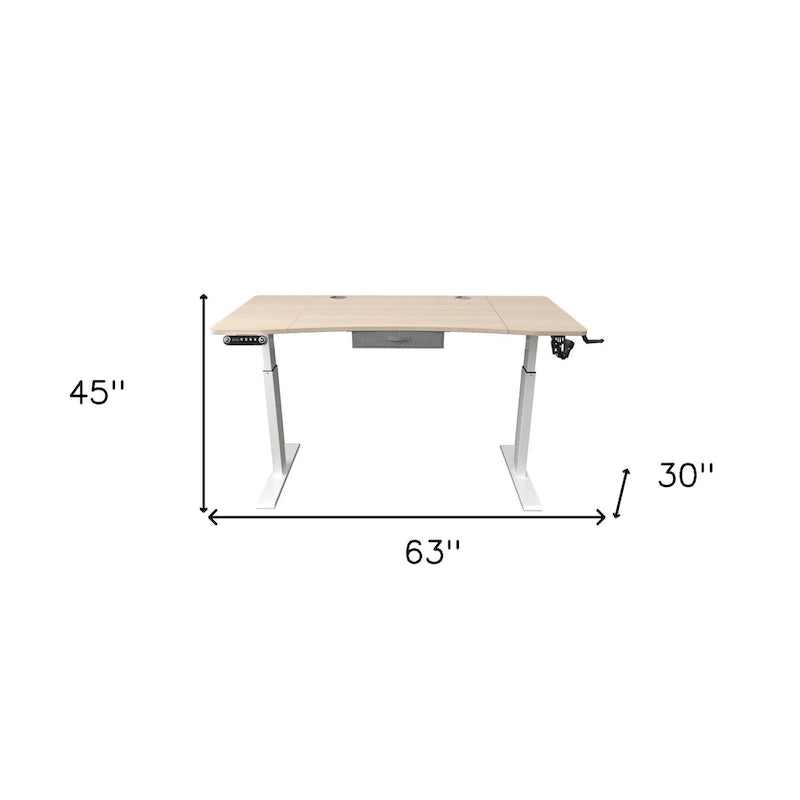 Bureau debout électrique réglable en hauteur, Chêne et Blanc, 160 cm de large avec tiroir