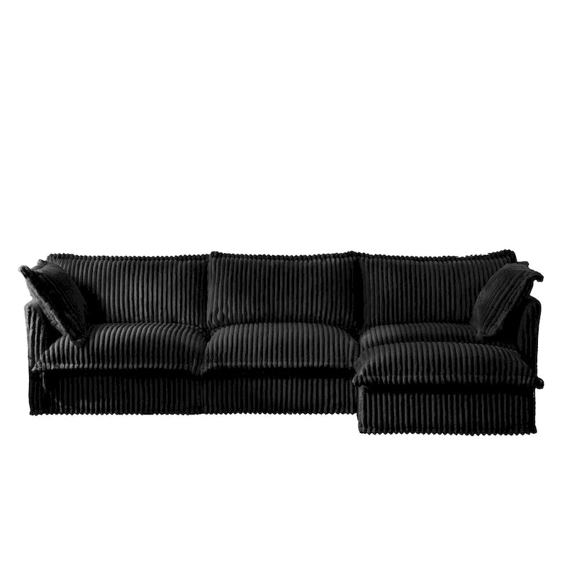 Canapé d'angle en velours côtelé 3 places en L avec pouf convertible, housse amovible et coussins moelleux