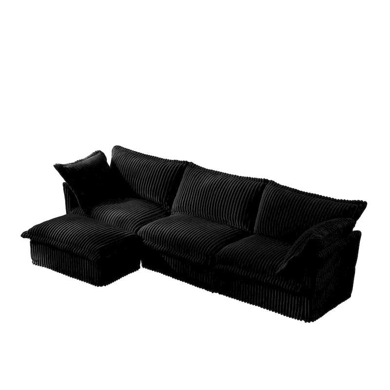 Canapé d'angle en velours côtelé 3 places en L avec pouf convertible, housse amovible et coussins moelleux