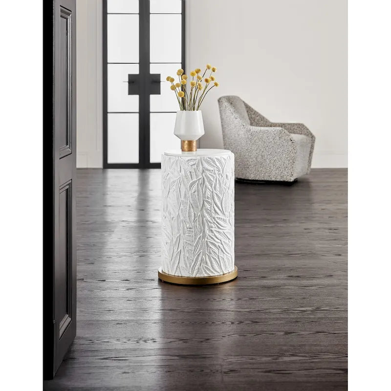 Table d'appoint ronde avec plateau en quartz, motif feuille et base dorée, 40 cm