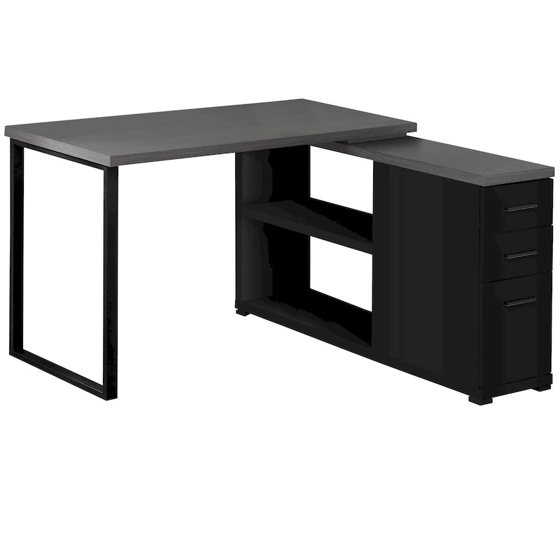 Bureau d'ordinateur en L en bois gris avec tiroirs et piètement en métal