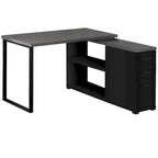 Grey Wood L-Shaped Computer Desk with Drawers and Metal Pedestal Base