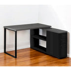 Bureau d'ordinateur en L en bois gris avec tiroirs et piètement en métal