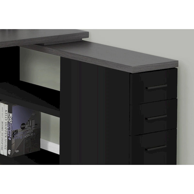 Bureau d'ordinateur en L en bois gris avec tiroirs et piètement en métal