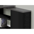 Bureau d'ordinateur en L en bois gris avec tiroirs et piètement en métal