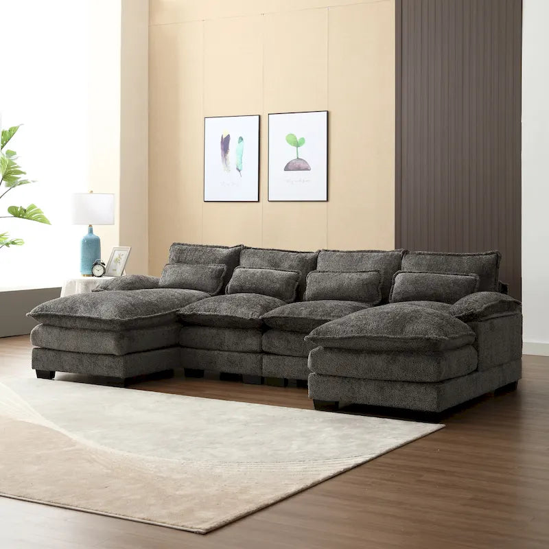 Canapé d'angle moderne en forme de U en chenille 4 places avec double coussin, 2 chaises longues et mousse haute densité 110,63