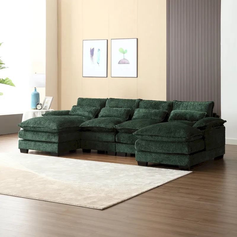 Canapé d'angle moderne en forme de U en chenille 4 places avec double coussin, 2 chaises longues et mousse haute densité 110,63