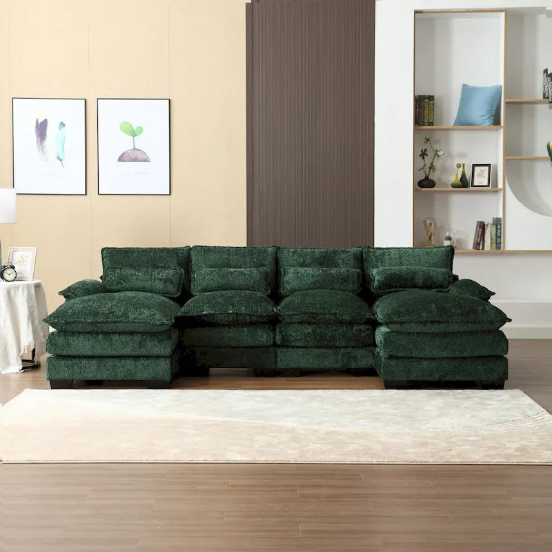 Canapé d'angle moderne en forme de U en chenille 4 places avec double coussin, 2 chaises longues et mousse haute densité 110,63
