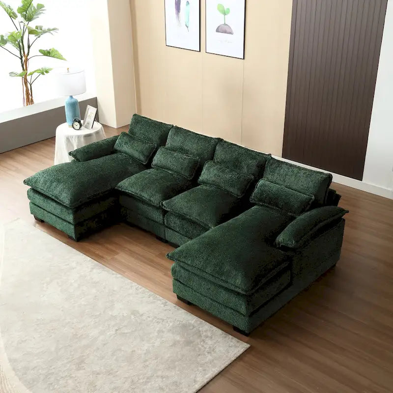 Canapé d'angle moderne en forme de U en chenille 4 places avec double coussin, 2 chaises longues et mousse haute densité 110,63