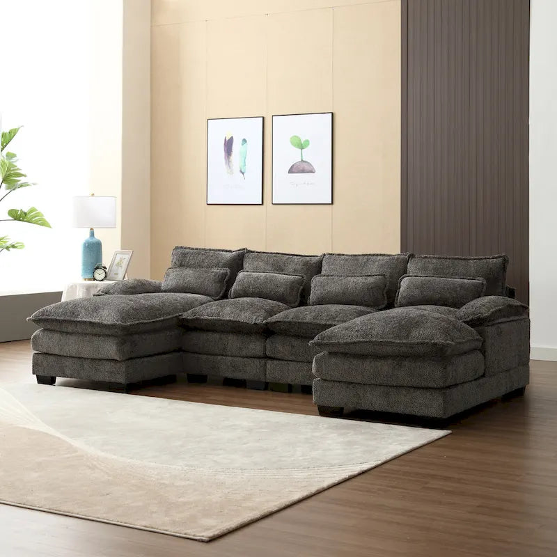 Canapé d'angle moderne en forme de U en chenille 4 places avec double coussin, 2 chaises longues et mousse haute densité 110,63