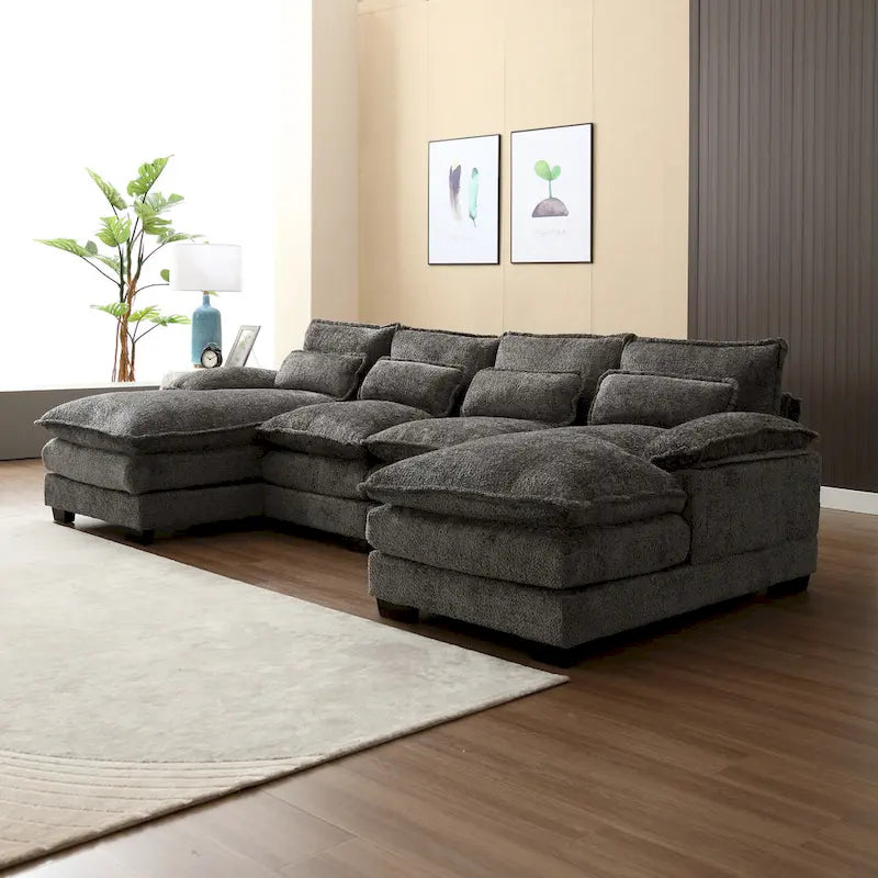 Canapé d'angle moderne en forme de U en chenille 4 places avec double coussin, 2 chaises longues et mousse haute densité 110,63
