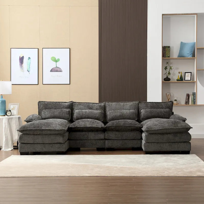 Canapé d'angle moderne en forme de U en chenille 4 places avec double coussin, 2 chaises longues et mousse haute densité 110,63