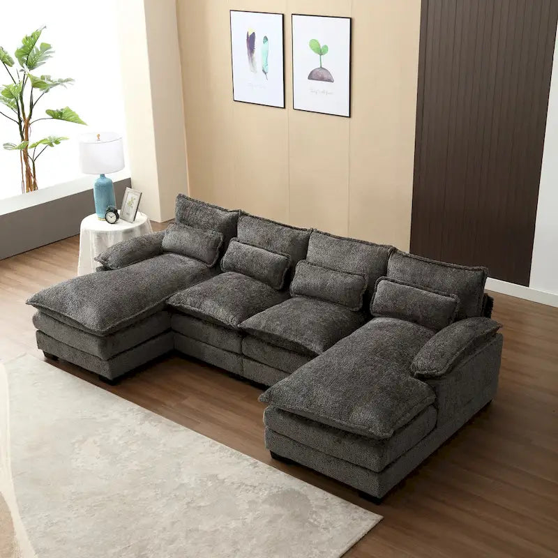 Canapé d'angle moderne en forme de U en chenille 4 places avec double coussin, 2 chaises longues et mousse haute densité 110,63