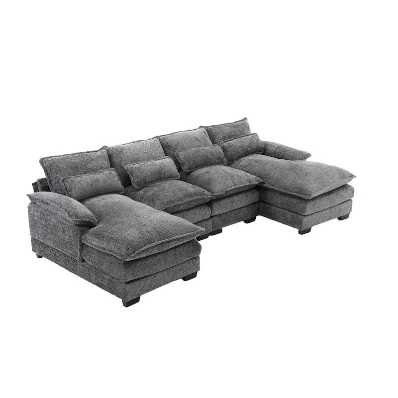 Canapé d'angle moderne en forme de U en chenille 4 places avec double coussin, 2 chaises longues et mousse haute densité 110,63