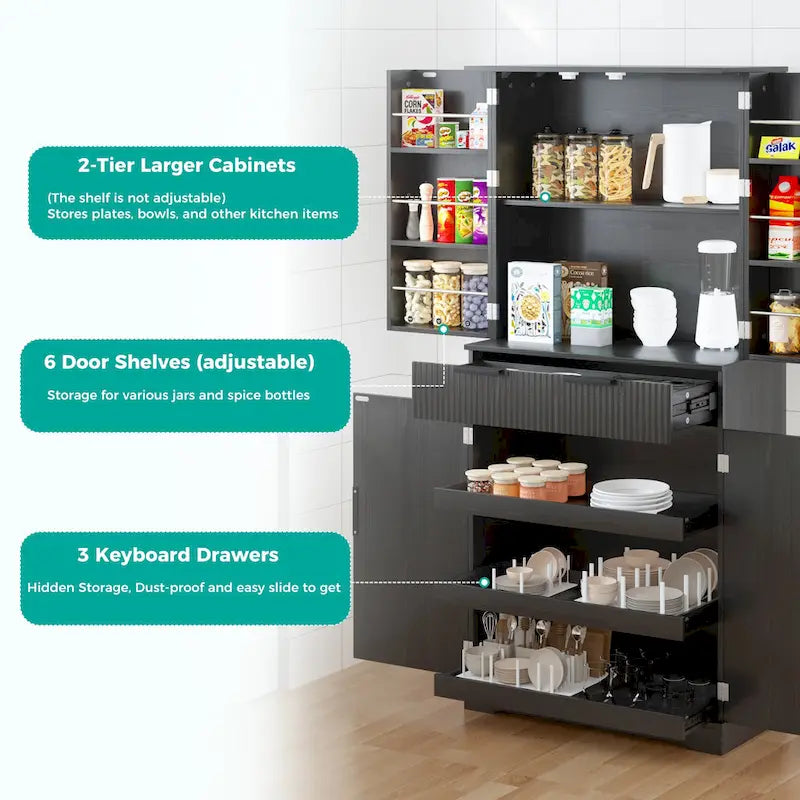 Meuble de cuisine de 72H avec 3 tiroirs à clavier, armoire autoportante avec 6 étagères de porte réglables, armoire de rangement