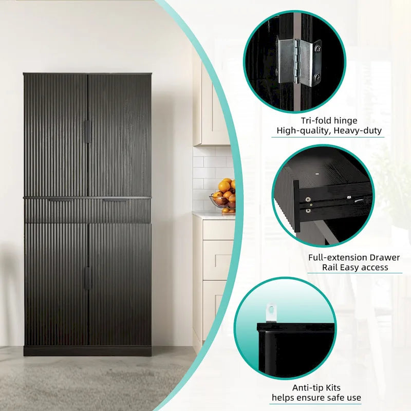 Meuble de cuisine de 72H avec 3 tiroirs à clavier, armoire autoportante avec 6 étagères de porte réglables, armoire de rangement