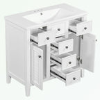 Meuble-lavabo avec vasque en céramique, deux placards et cinq tiroirs
