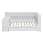 Canapé-lit d'angle en bois en forme de L avec bureau, bibliothèque, lit d'angle avec tiroirs de rangement, tête de lit rembourrée et éclairage intégré