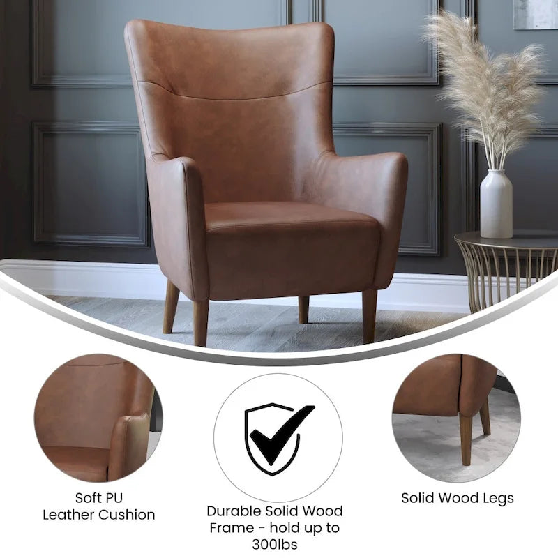 Fauteuil d'appoint capitonné à oreilles avec structure et pieds en bois