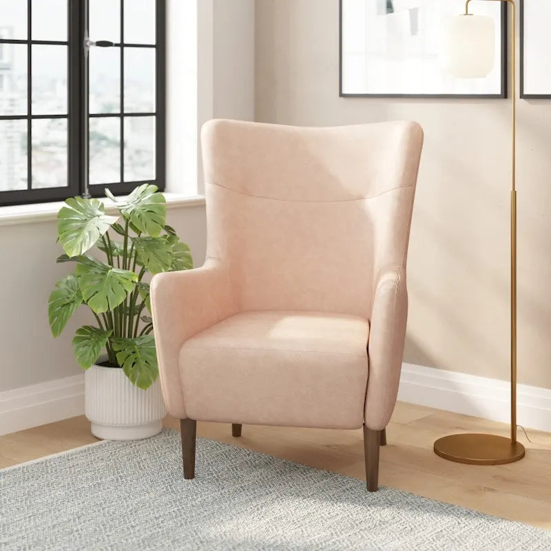 Fauteuil d'appoint capitonné à oreilles avec structure et pieds en bois