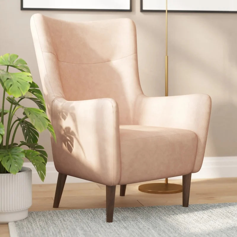 Fauteuil d'appoint capitonné à oreilles avec structure et pieds en bois