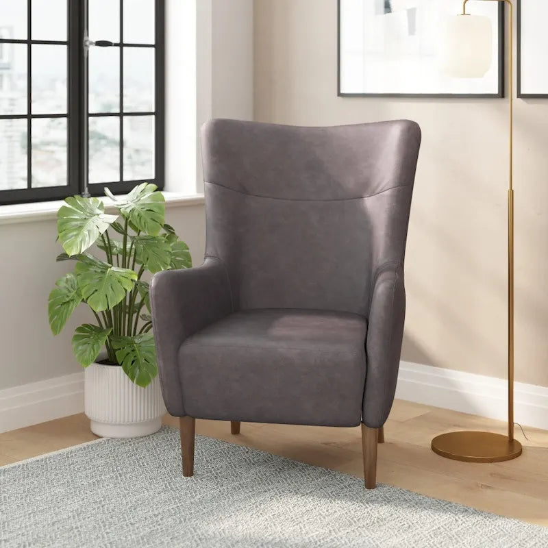Fauteuil d'appoint capitonné à oreilles avec structure et pieds en bois