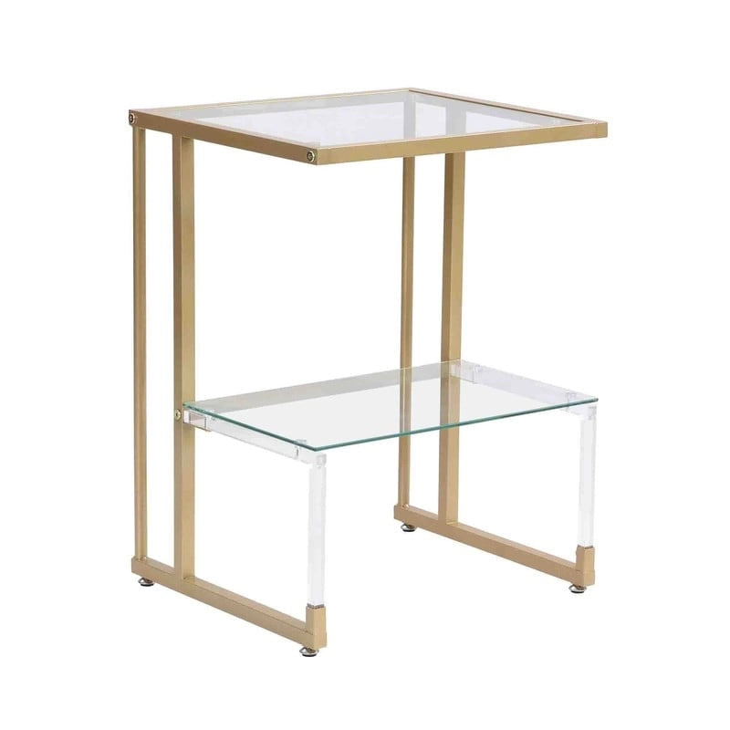 Table d'appoint à 2 niveaux avec étagères en verre trempé et cadre métallique géométrique