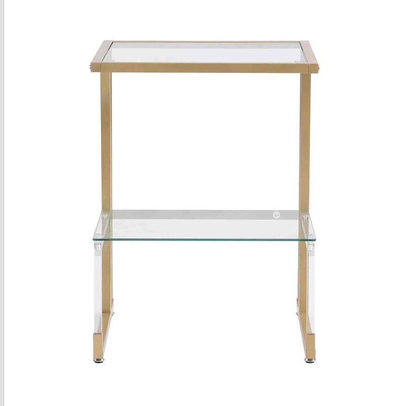 Table d'appoint à 2 niveaux avec étagères en verre trempé et cadre métallique géométrique