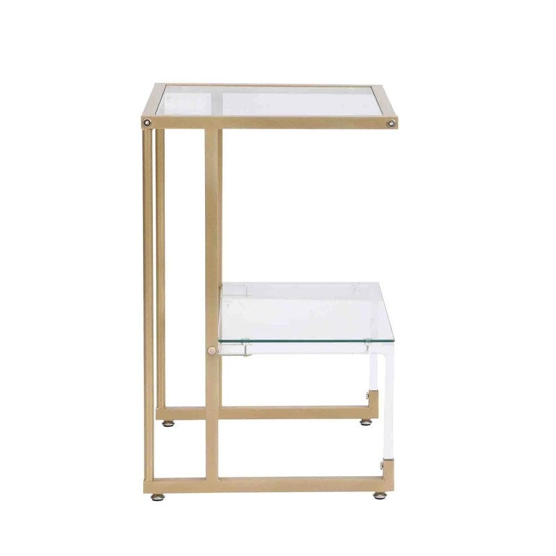 Table d'appoint à 2 niveaux avec étagères en verre trempé et cadre métallique géométrique