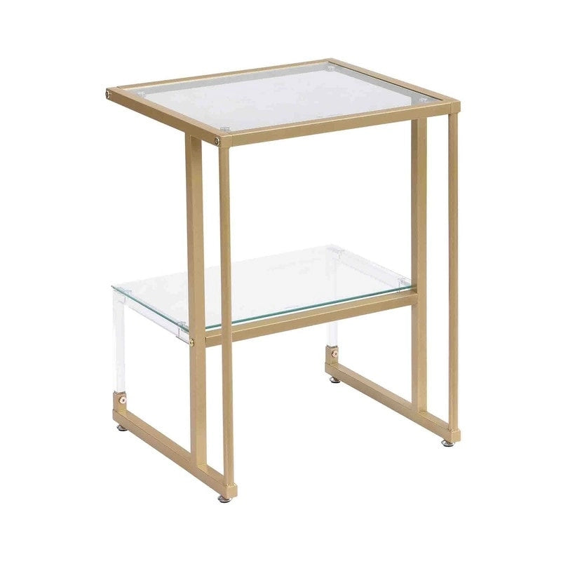 Table d'appoint à 2 niveaux avec étagères en verre trempé et cadre métallique géométrique