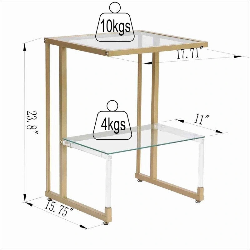 Table d'appoint à 2 niveaux avec étagères en verre trempé et cadre métallique géométrique