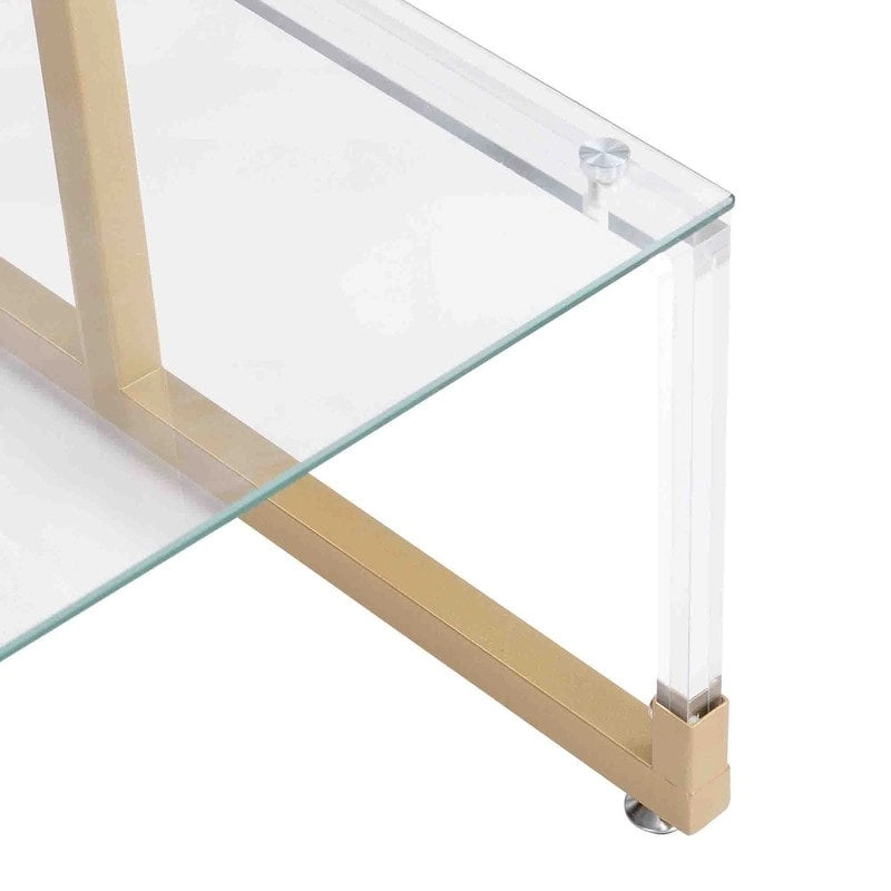 Table d'appoint à 2 niveaux avec étagères en verre trempé et cadre métallique géométrique
