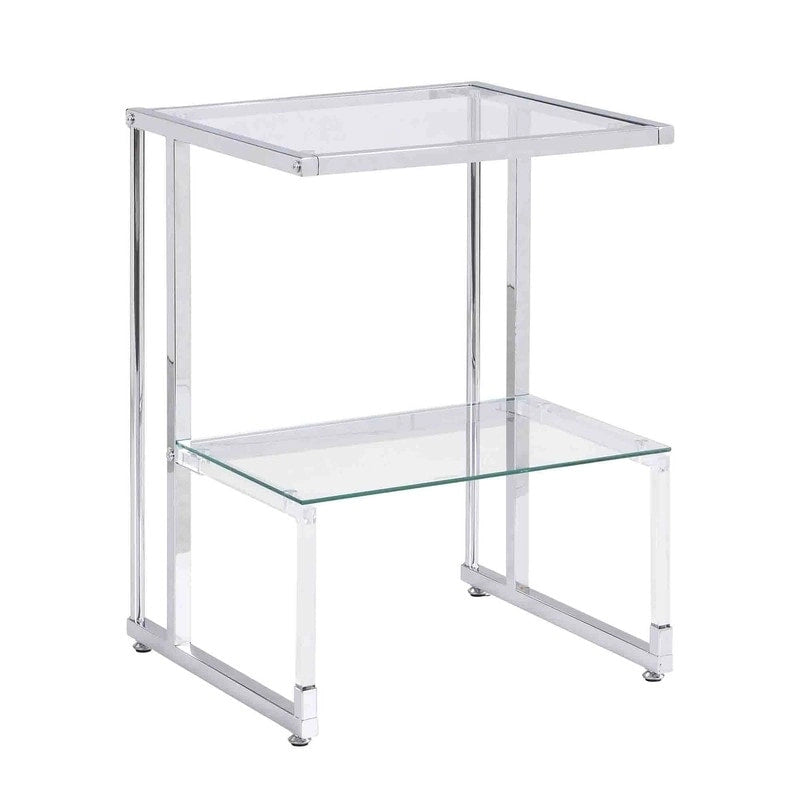 Table d'appoint à 2 niveaux avec étagères en verre trempé et cadre métallique géométrique