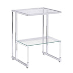 Table d'appoint à 2 niveaux avec étagères en verre trempé et cadre métallique géométrique