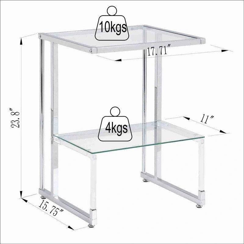 Table d'appoint à 2 niveaux avec étagères en verre trempé et cadre métallique géométrique