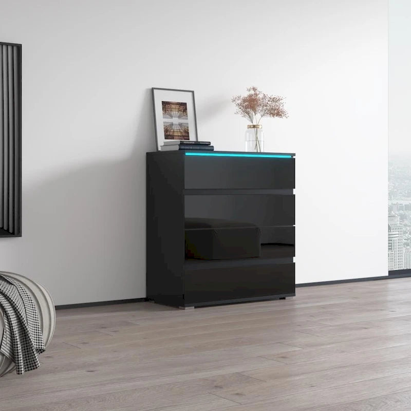 Commode moderne laquée 4 tiroirs avec éclairage LED 19 couleurs