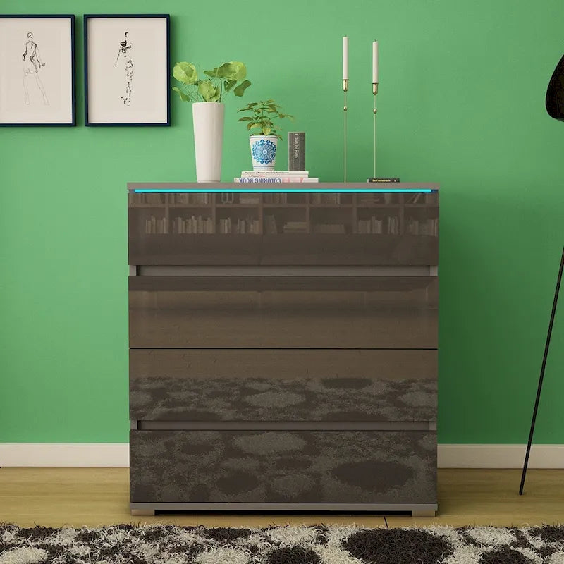 Commode moderne laquée 4 tiroirs avec éclairage LED 19 couleurs
