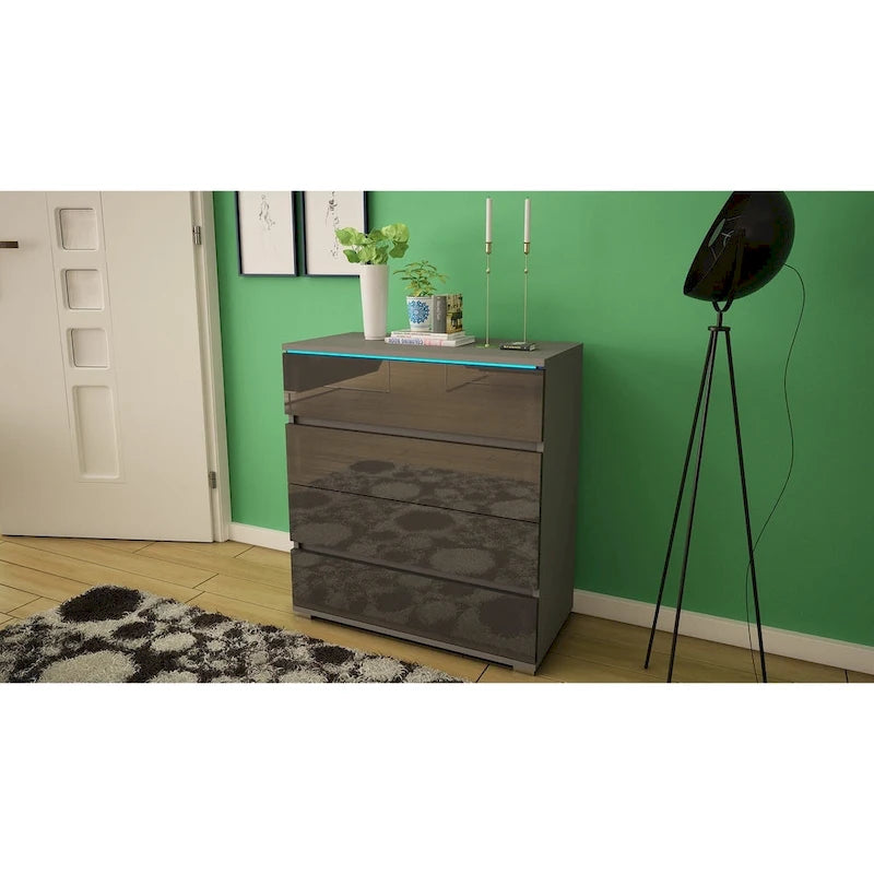 Commode moderne laquée 4 tiroirs avec éclairage LED 19 couleurs