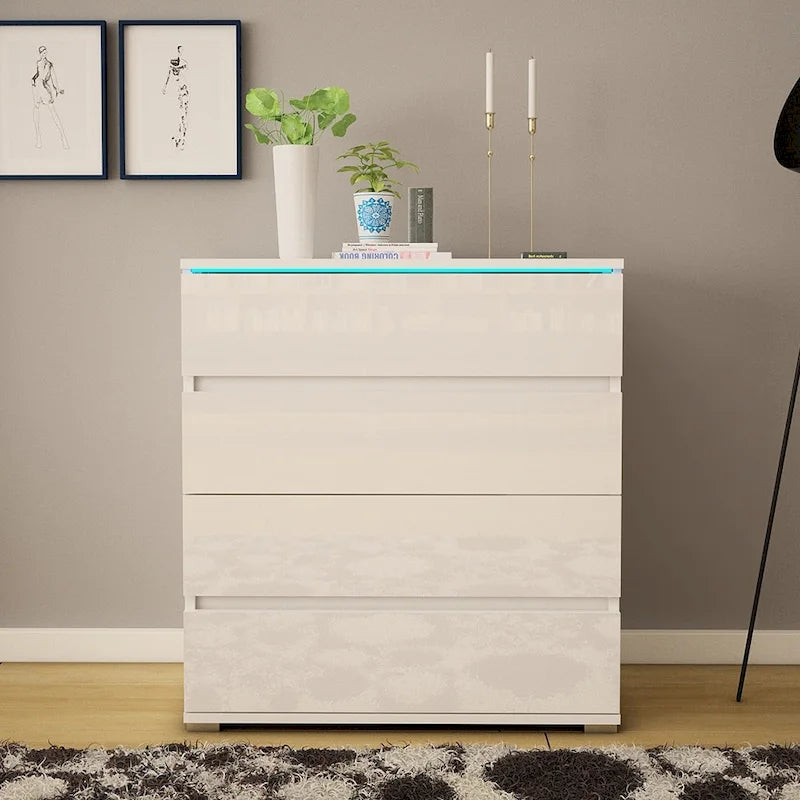 Commode moderne laquée 4 tiroirs avec éclairage LED 19 couleurs