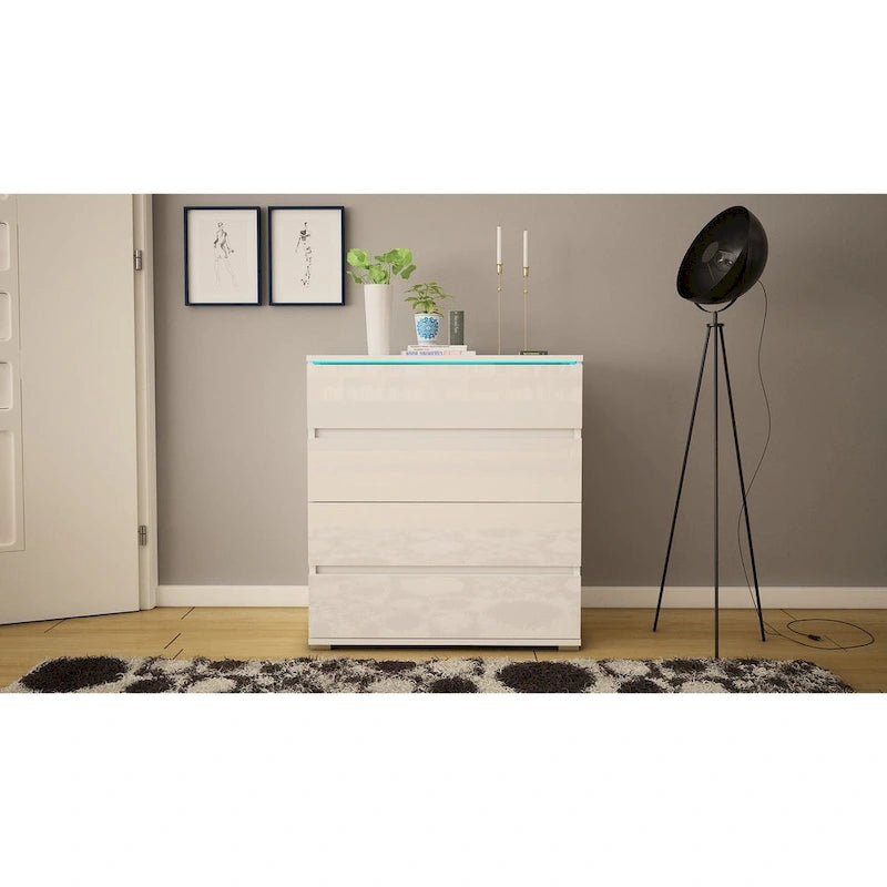 Commode moderne laquée 4 tiroirs avec éclairage LED 19 couleurs