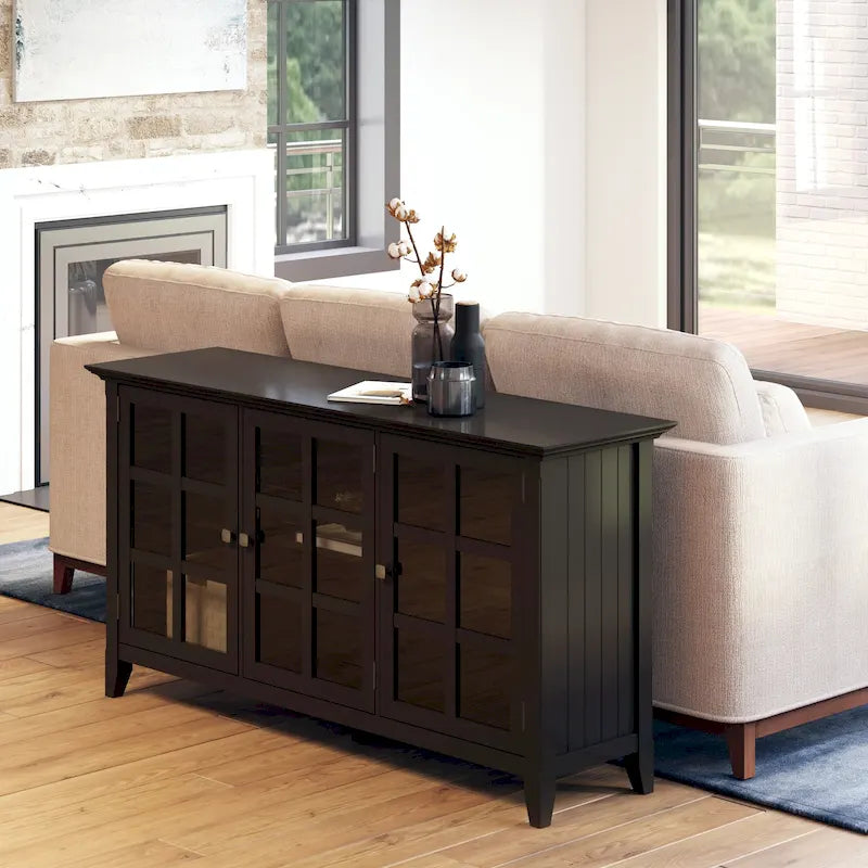 Meuble de rangement de style transitionnel en bois massif avec portes vitrées de 157 cm de large