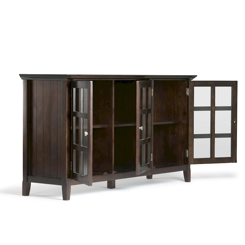 Meuble de rangement de style transitionnel en bois massif avec portes vitrées de 157 cm de large